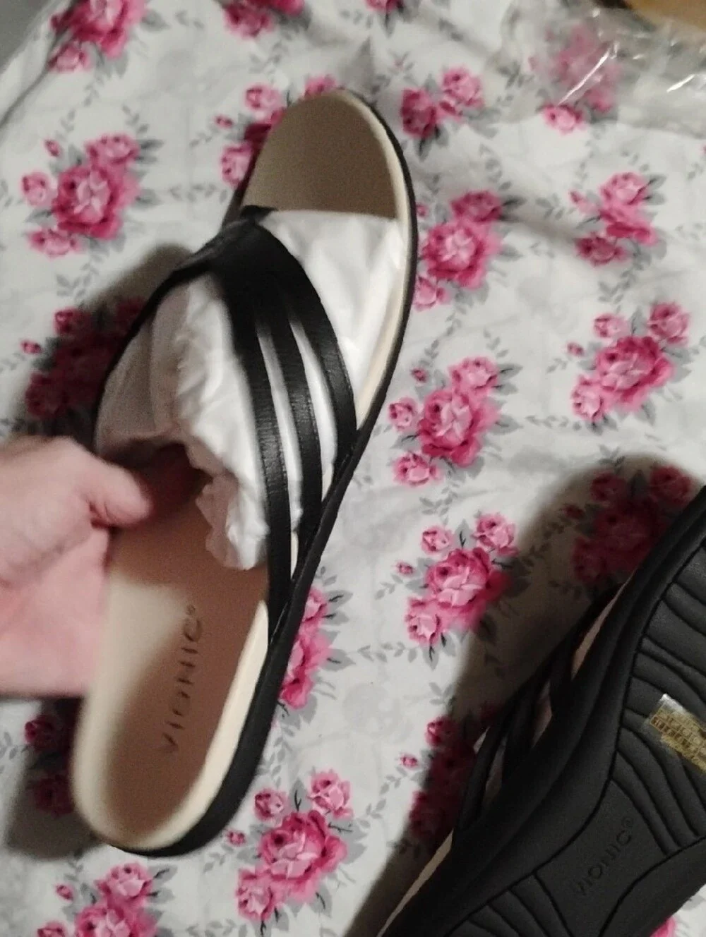 Vionic Black Strap Tan Footbed Genuine Leather Slide Sandals Women's Size 11